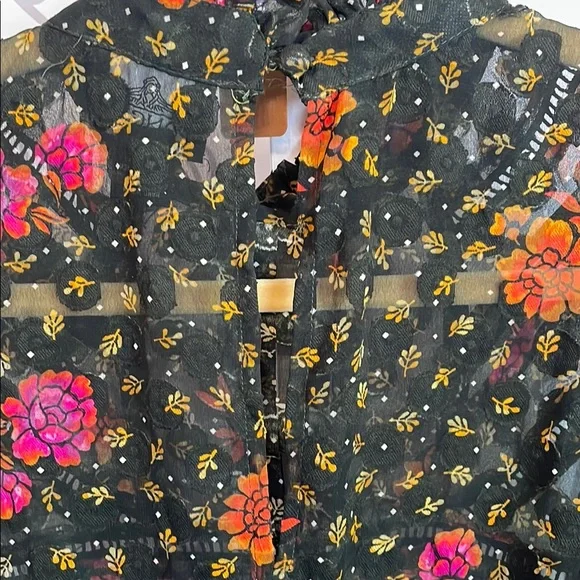 ANGIE- Black Dress with Vibrant Floral Design High Ruffled Neck size M - Picture 6 of 8